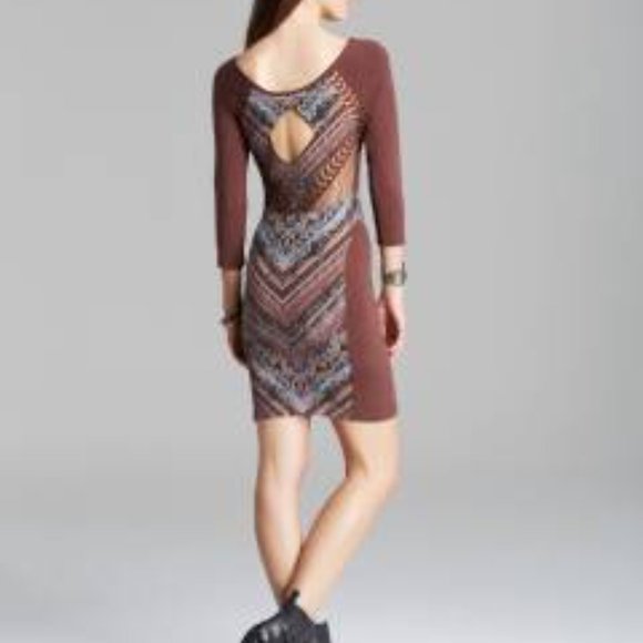 FREE PEOPLE MS SIZE LARGE BROWN TAPESTRY PRINT MESH SIDE CUTOUT FASHION DRESS - Picture 2 of 4